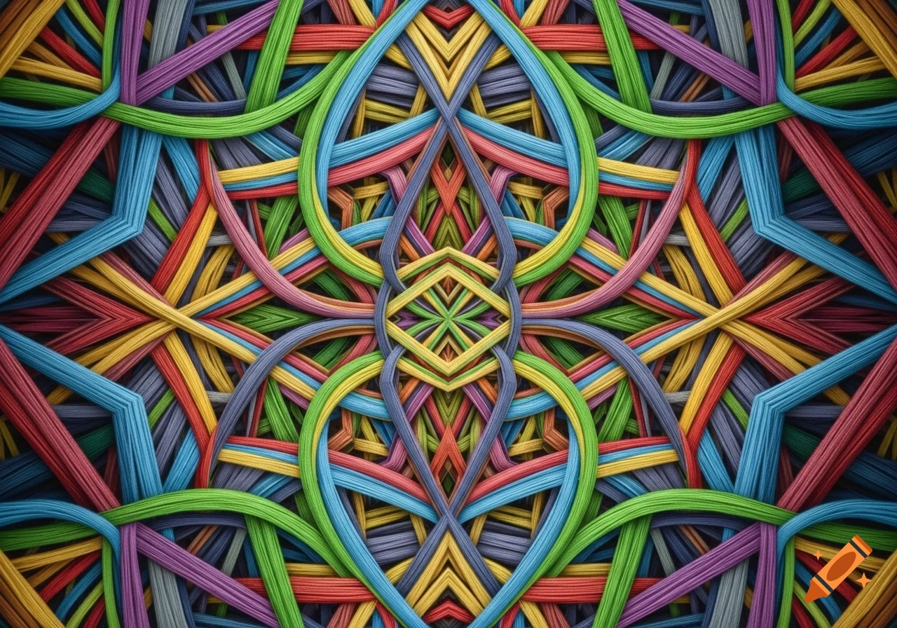 A complex, symmetrical abstract pattern of brightly colored interwoven threads or cables.