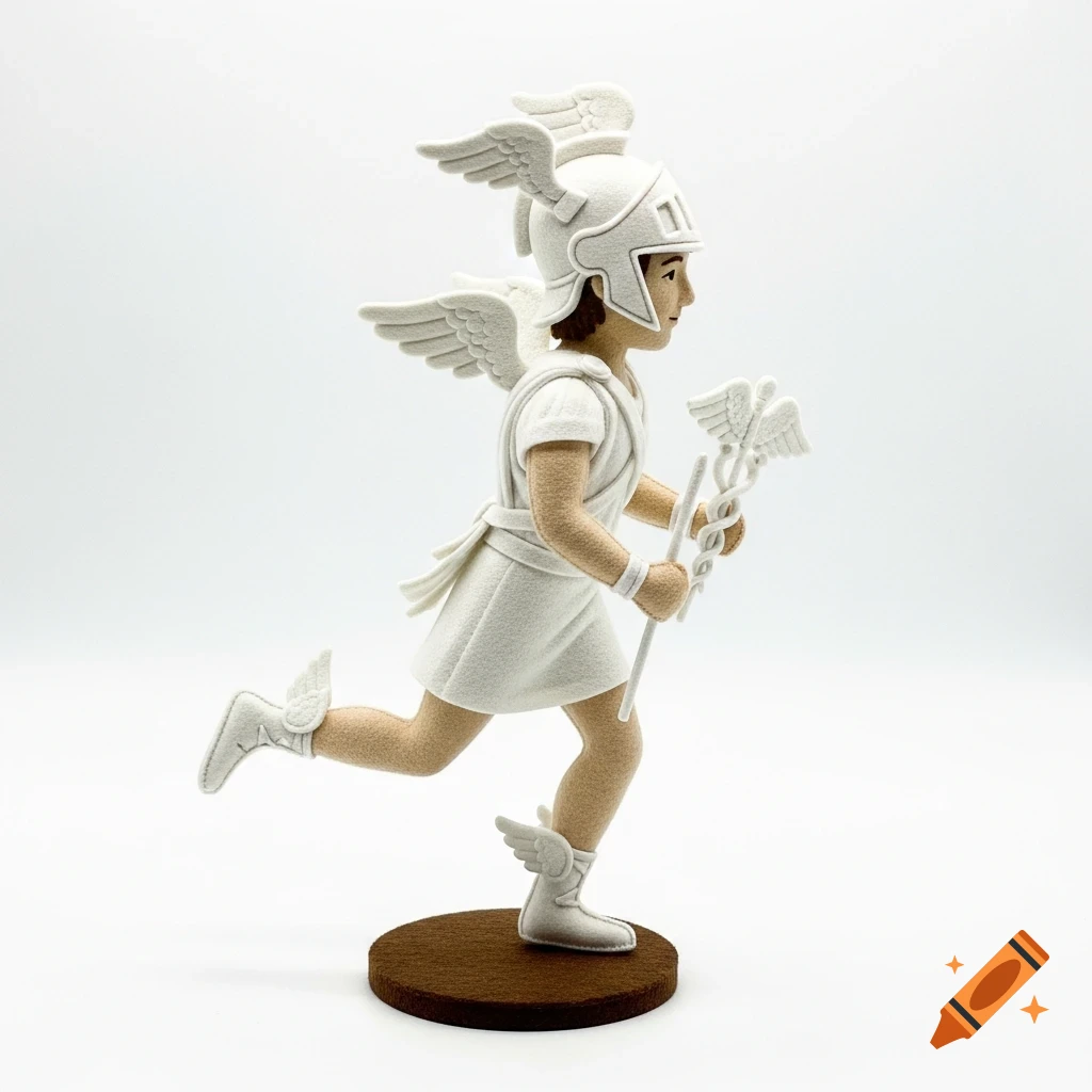 Felt figurine of Hermes in a running pose, wearing a white tunic, winged helmet and boots, holding a caduceus, on a brown base.
