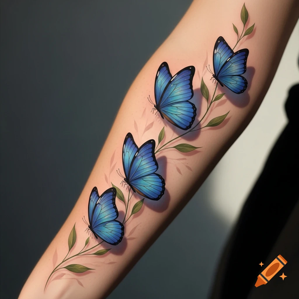 Four vibrant blue butterfly tattoos on a forearm, connected by a delicate green vine with leaves.