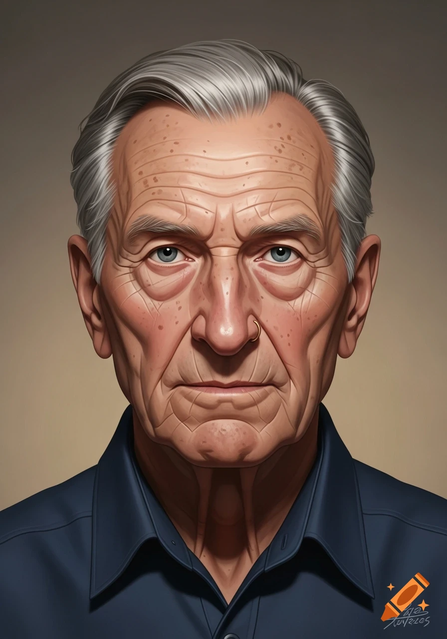 Stylized portrait of an elderly man with gray hair, deep wrinkles, a slightly crooked nose, and a neutral expression, wearing a navy blue shirt.