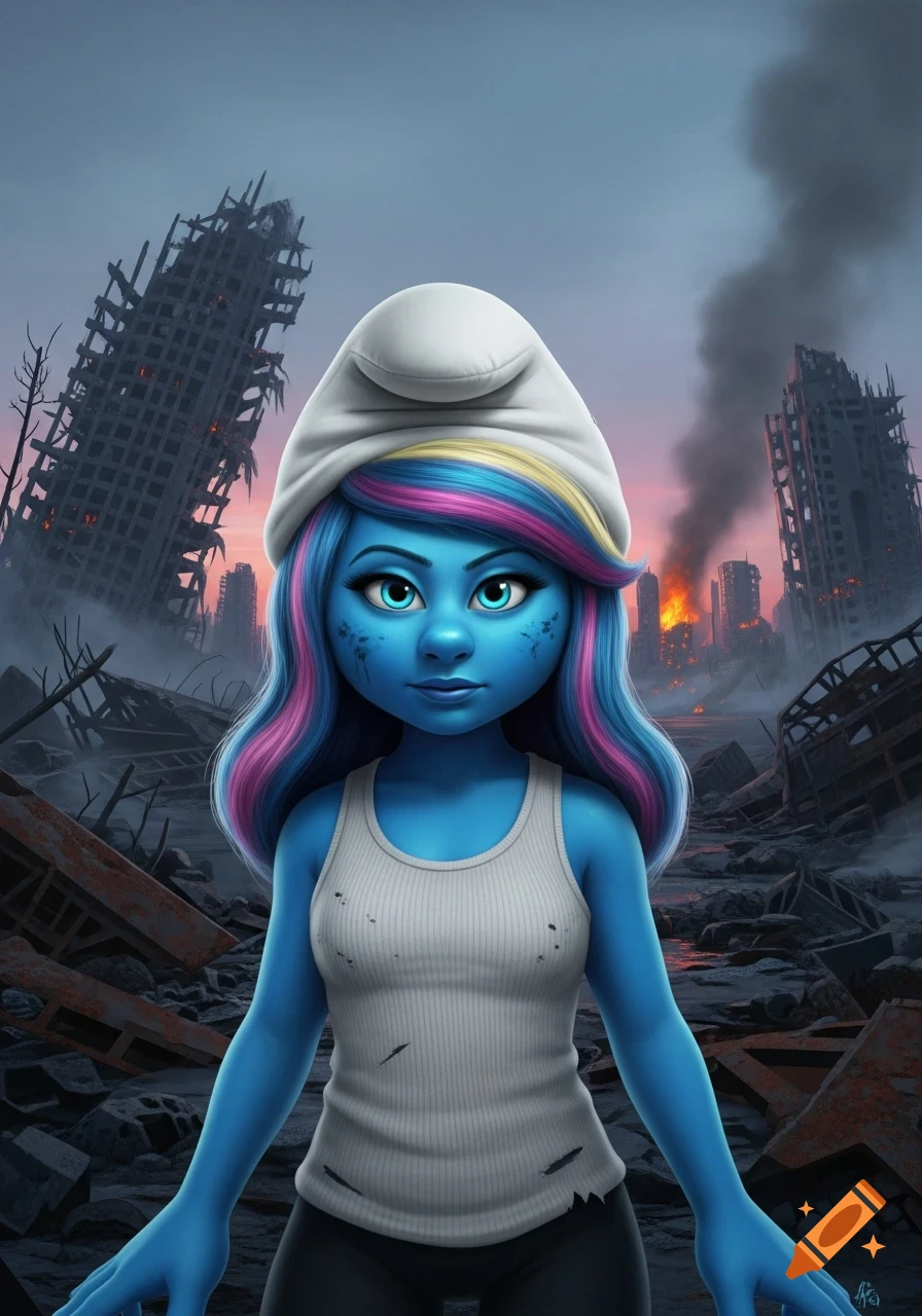 Blue-skinned, blue and pink haired Smurfette-like character in a tank top stands in a ruined, apocalyptic city.