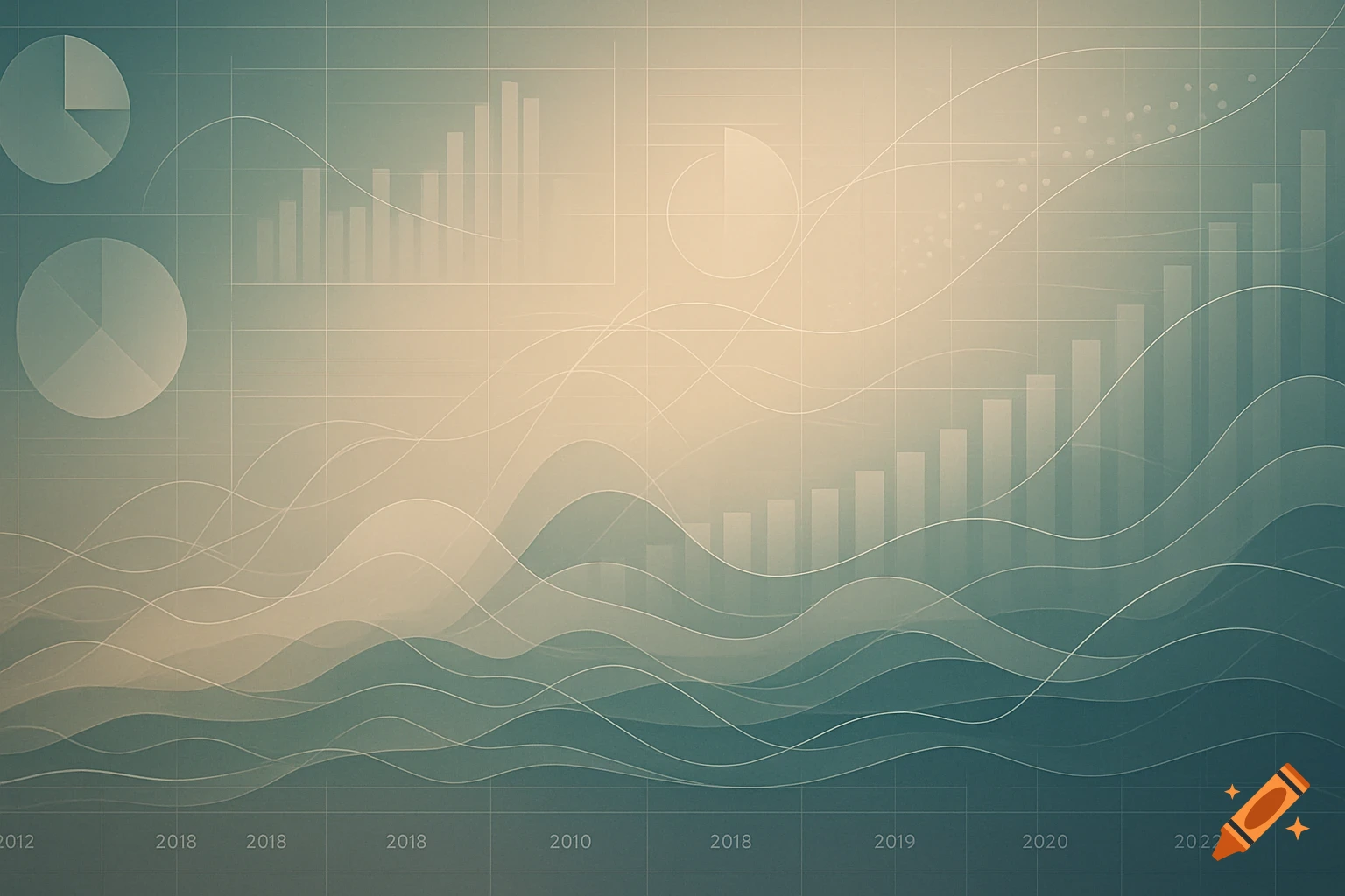 Abstract data landscape with charts, timelines, and layered datasets in muted blue and beige tones.