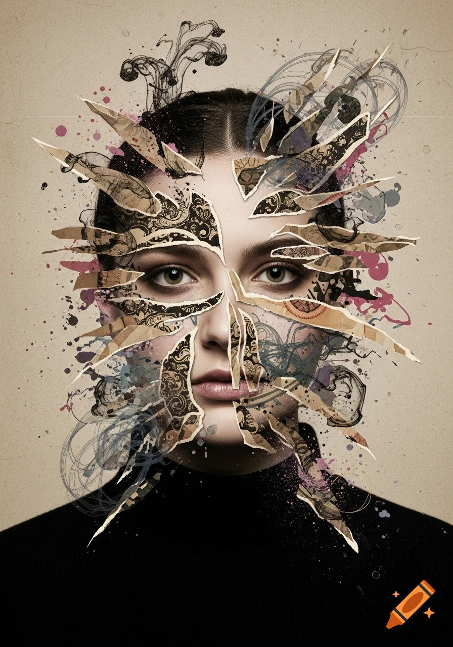 Abstract collage portrait of a woman's face made of torn patterned paper pieces and ink splatters.