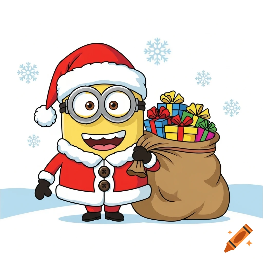 A cheerful Minion, Kevin, dressed as Santa Claus, holding a brown sack full of colorful wrapped gifts, surrounded by snowflakes in a clipart style.