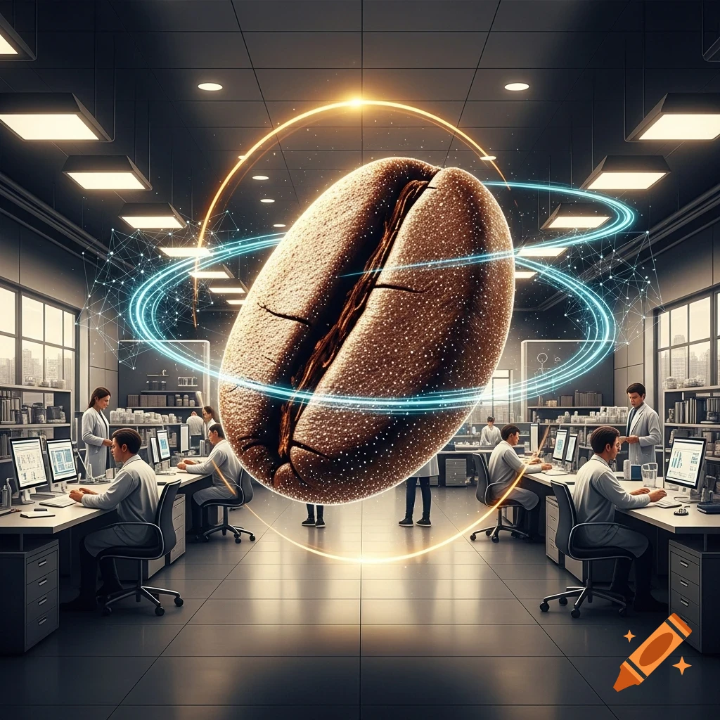 A giant photorealistic coffee bean floats in a high-tech lab, surrounded by glowing rings, with scientists working at computers.