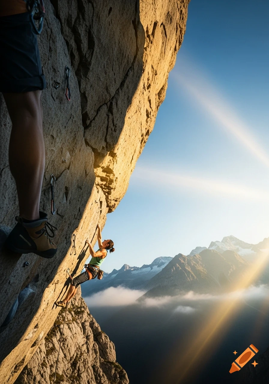 A close-up of a climber's leg and boot on a rock wall, with another climber ascending below, against sunlit mountains and sky.