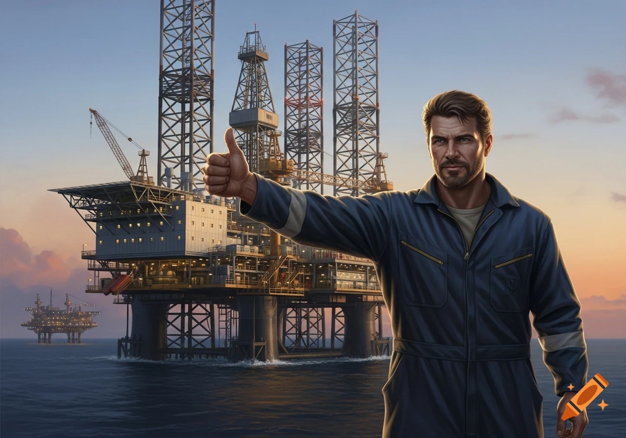 A realistic man in a blue uniform gives a thumbs-up in front of a large oil rig at sea at sunset.