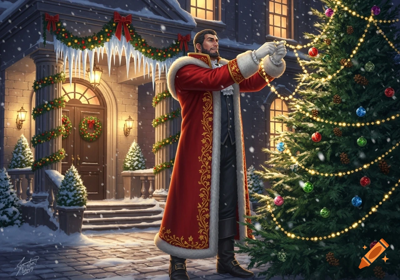A man in a red, fur-trimmed coat decorates a snowy outdoor Christmas tree with lights and ornaments in front of a grand, decorated building.
