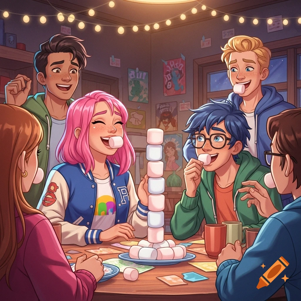 Diverse anime-style teenagers play the marshmallow challenge, with a tall stack of marshmallows and some held in their mouths, around a wooden table indoors.