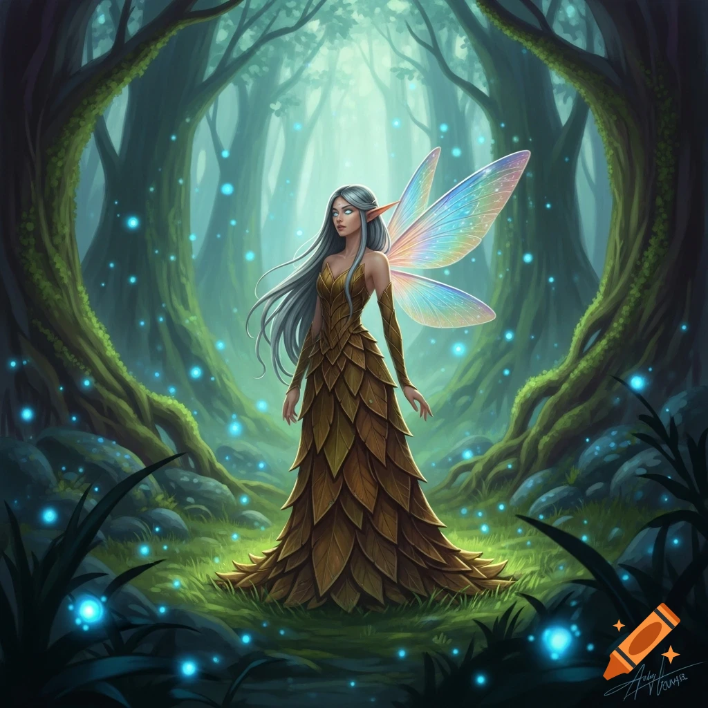 A graceful elf with silver hair, pointed ears, a leaf dress, and iridescent wings stands in a magical forest with glowing blue lights.