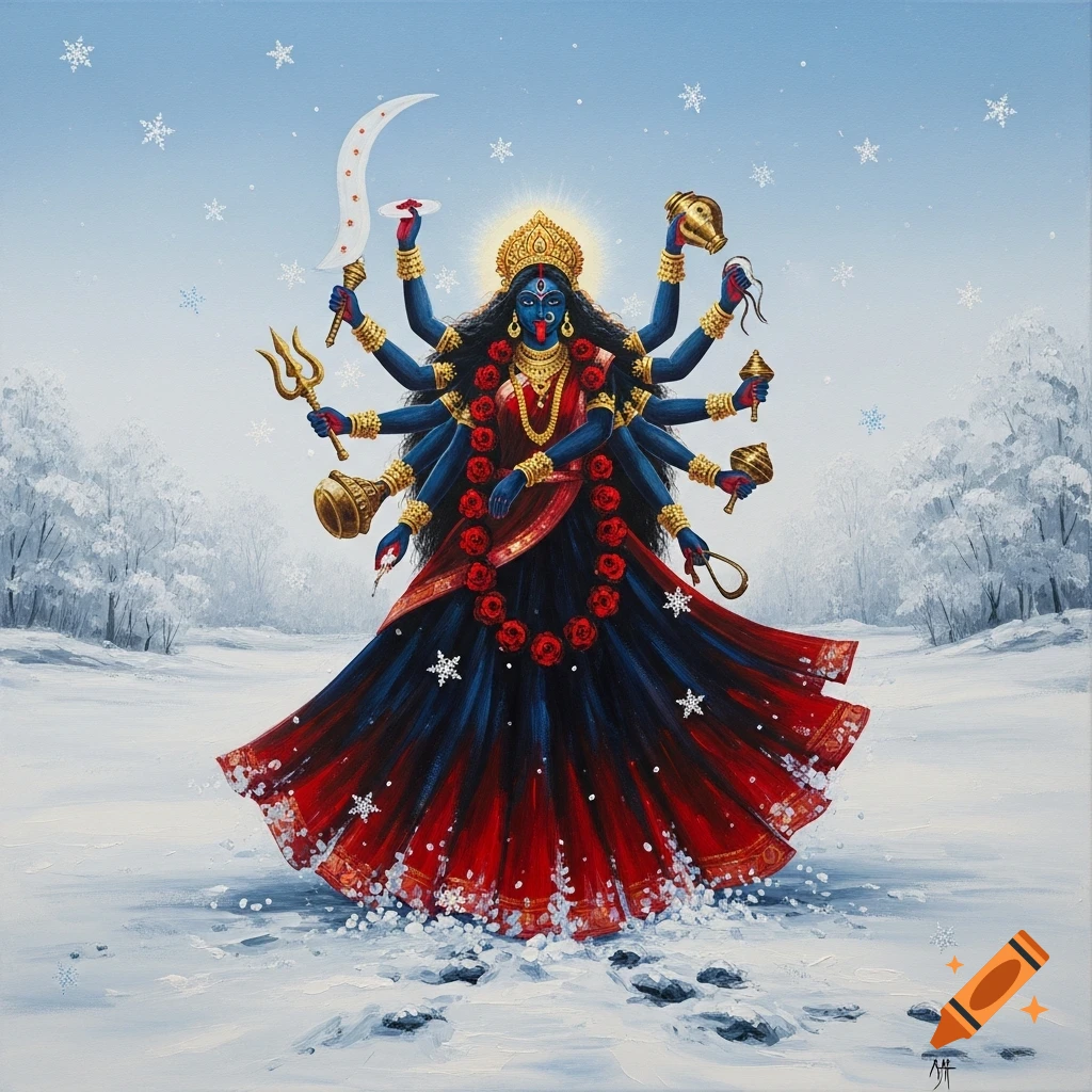 Multi-armed Goddess Kali with blue skin, a crown, and red/black robes stands in a snowy forest, an oil painting.