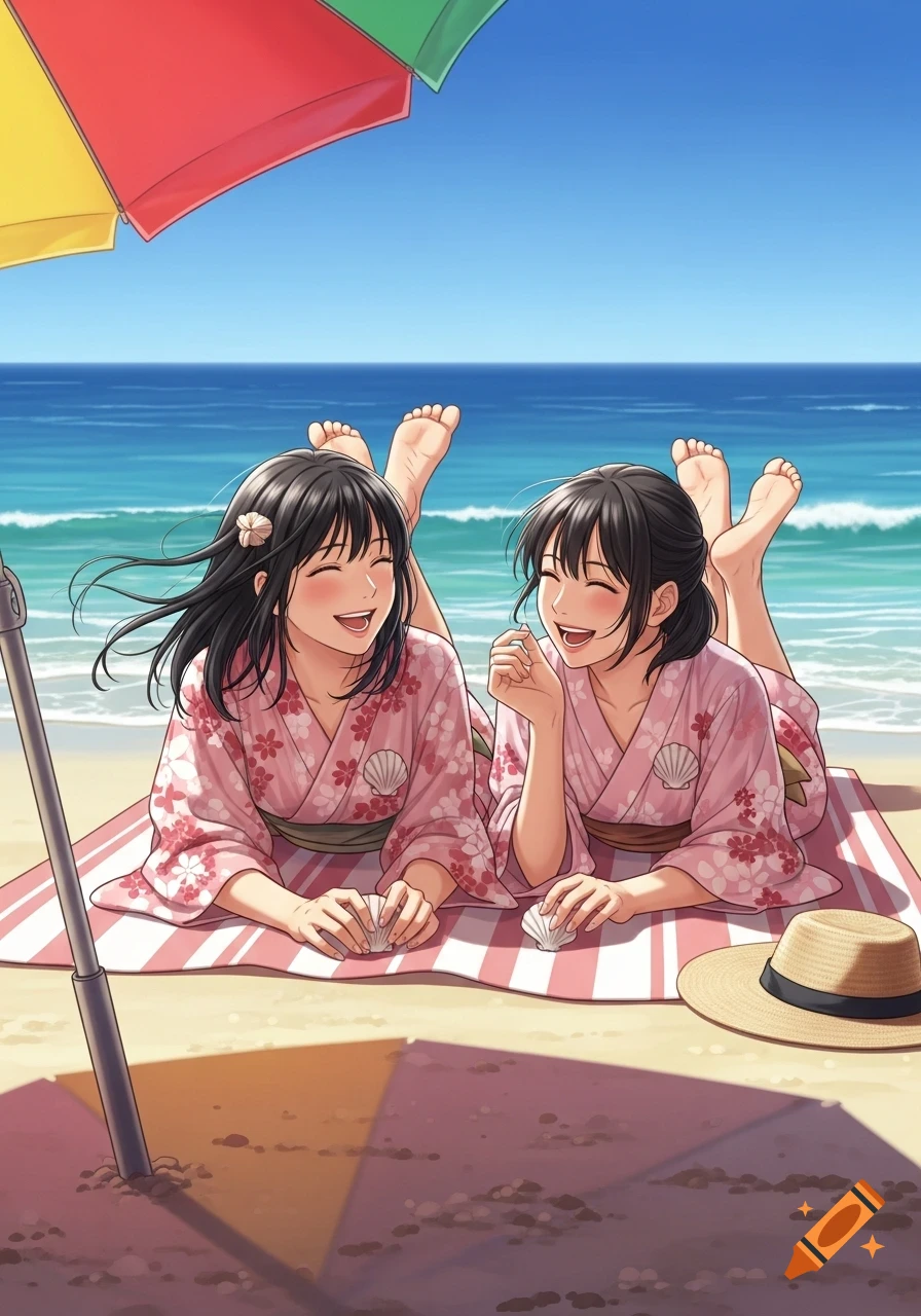 Two laughing Japanese women in pink yukatas lie on a striped towel under a colorful parasol on a sunny beach, holding seashells.