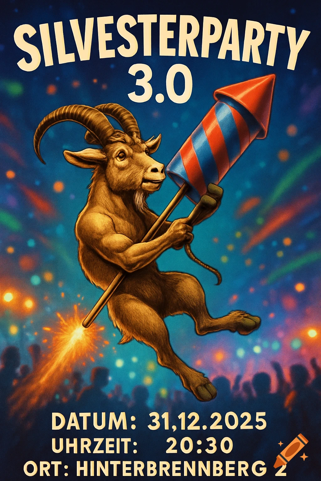 Cartoon flyer features a muscular goat flying with a lit firework. Text: Silvesterparty 3.0, Datum: 31.12.2025, Uhrzeit: 20:30, Ort: Hinterbrennberg 2.