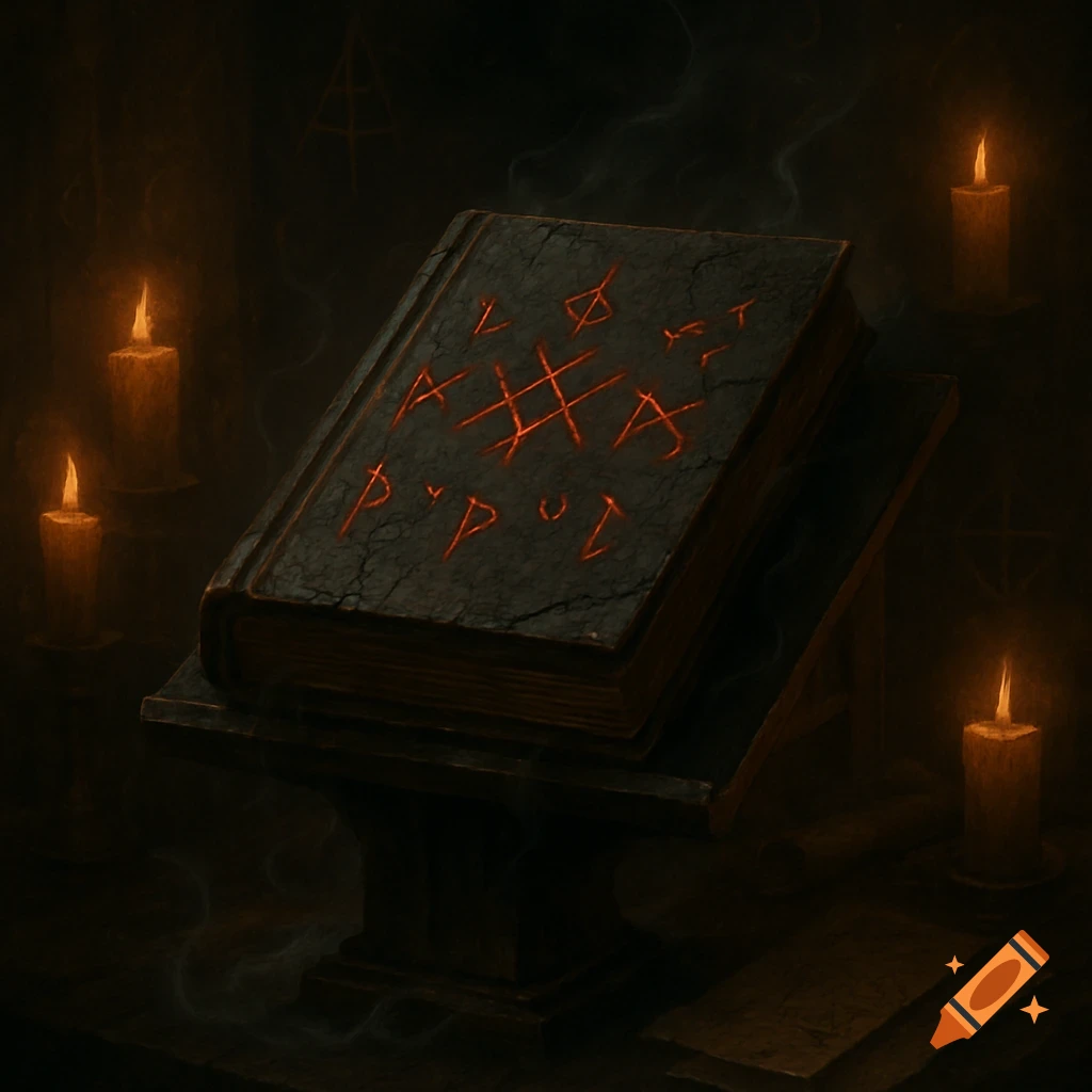 A dark, ancient book with glowing red symbols on its cover, surrounded by lit candles in a dimly lit room, creating an ominous atmosphere.