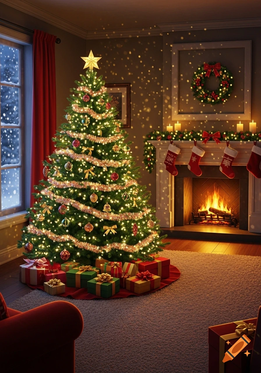 A decorated Christmas tree in a cozy room with a lit fireplace, presents, and snow falling outside the window.