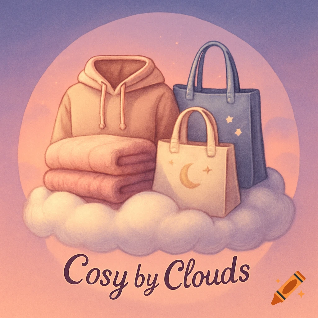 Cozy hoodie, blankets, and tote bags with stars and a moon on a cloud, with 'Cosy by Clouds' text in a dreamy art style.
