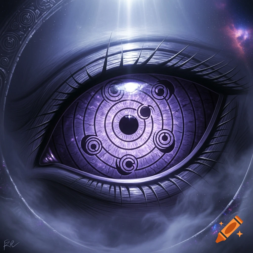 Close-up of a vibrant purple stylized Rinnegan eye with concentric circles and tomoe patterns, set against a cosmic background with light rays.