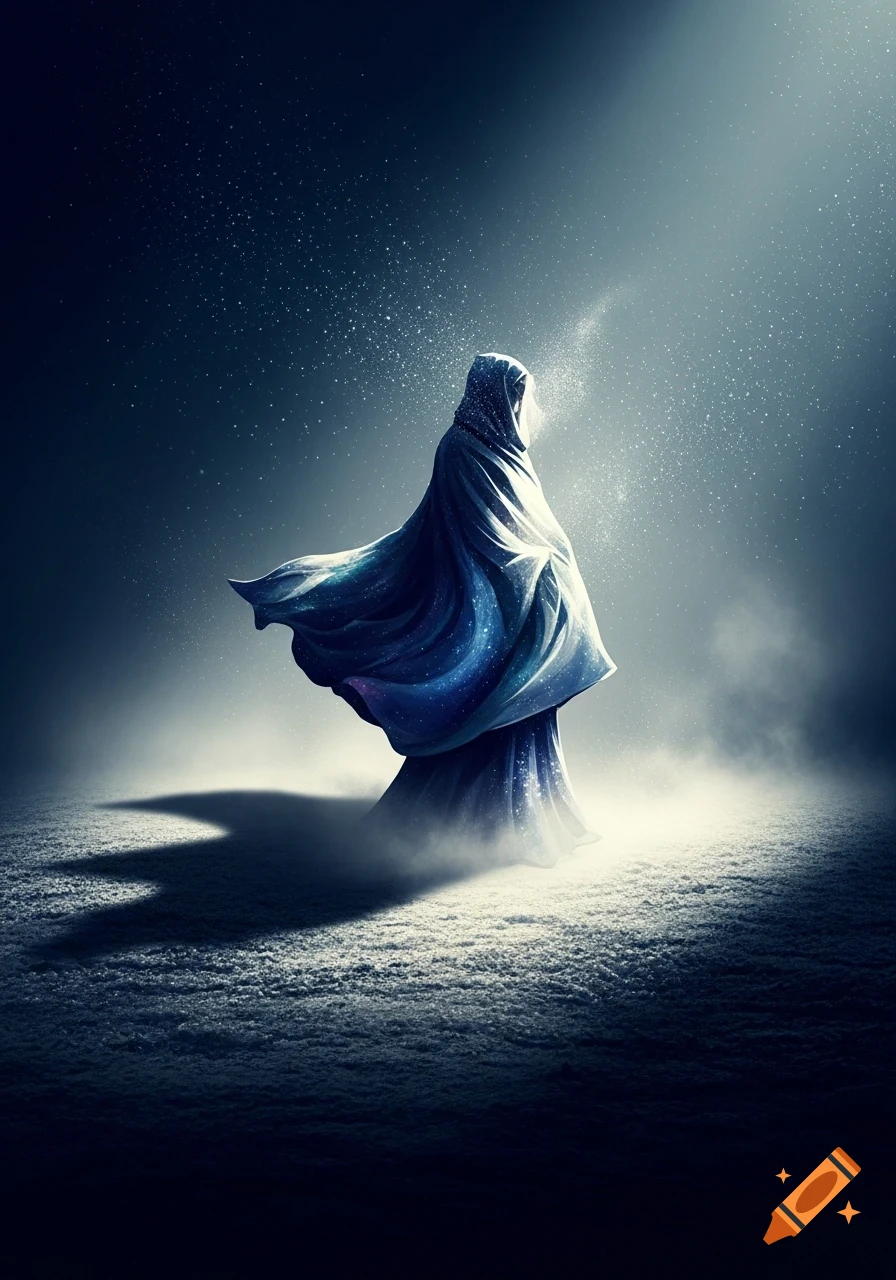 A hooded figure in a flowing blue, galaxy-like cloak stands in a misty, starry environment with bright light.