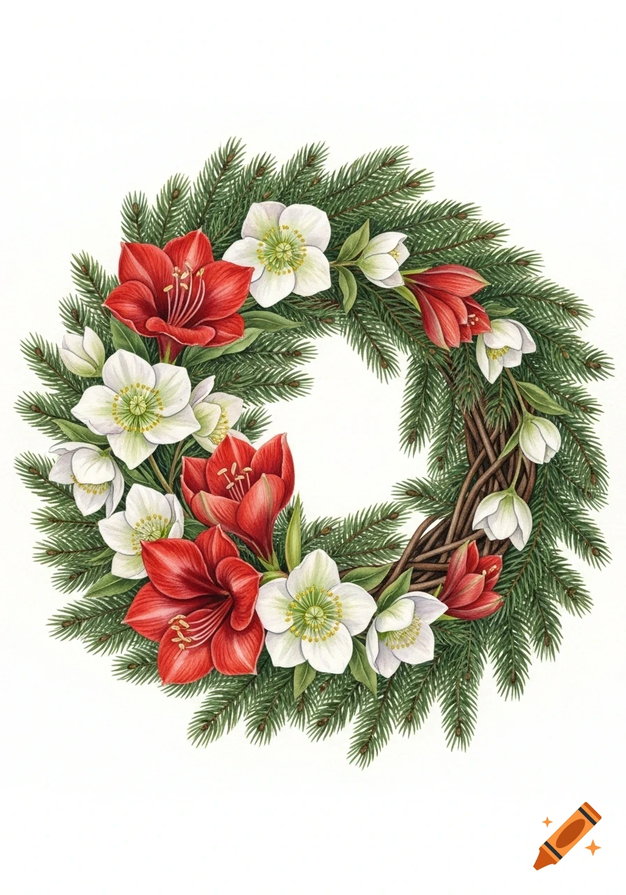 Watercolor painting of a Christmas wreath made of fir branches, adorned with red amaryllis and white helleborus flowers.