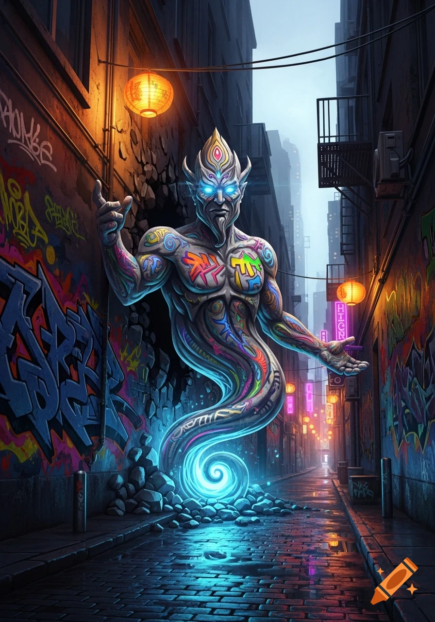 A colorful, glowing genie with blue eyes and horns emerges from a swirling blue base in a graffiti-covered urban alleyway at night.