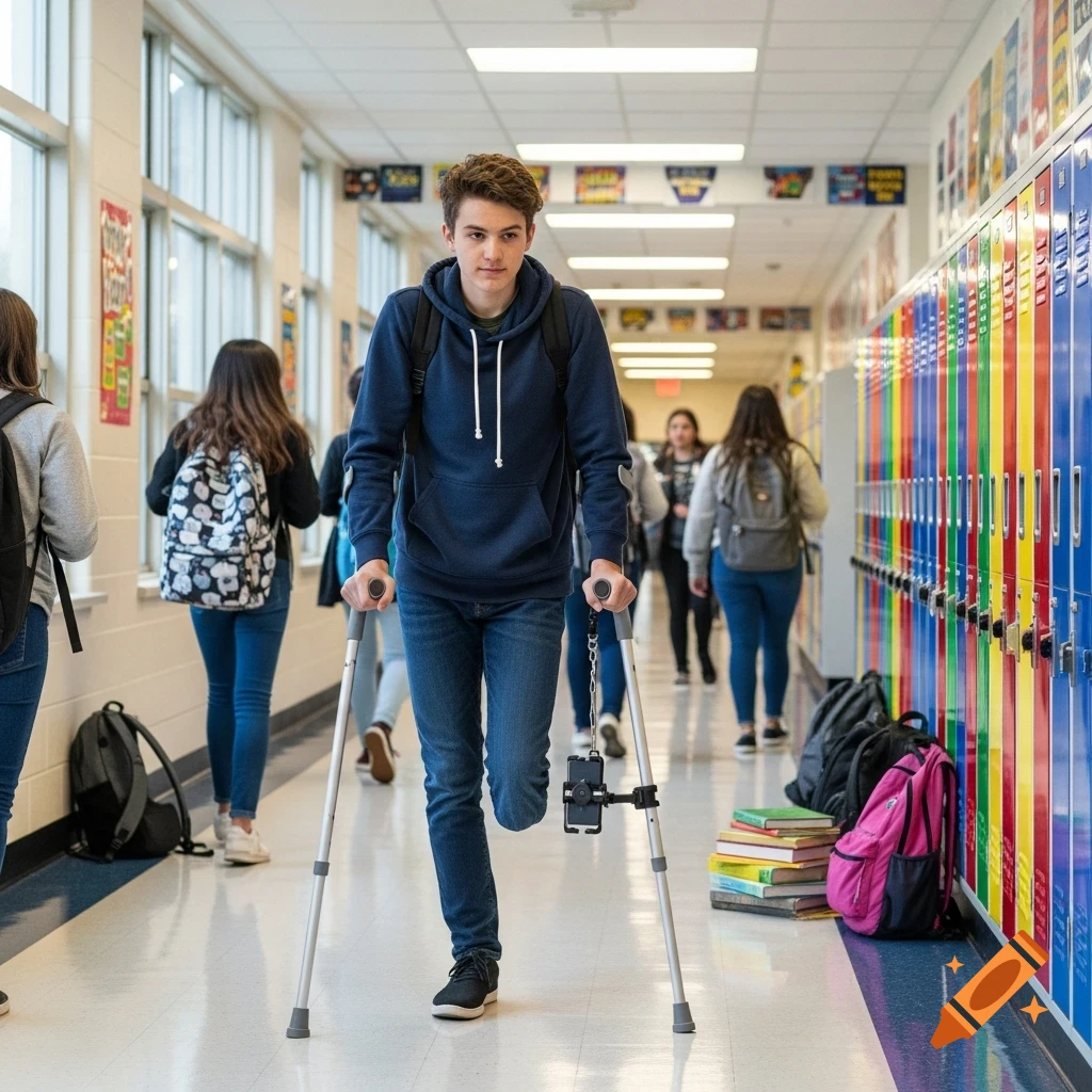 Young man with an amputated leg walks on crutches through a school hallway, a phone holder attached to one crutch.