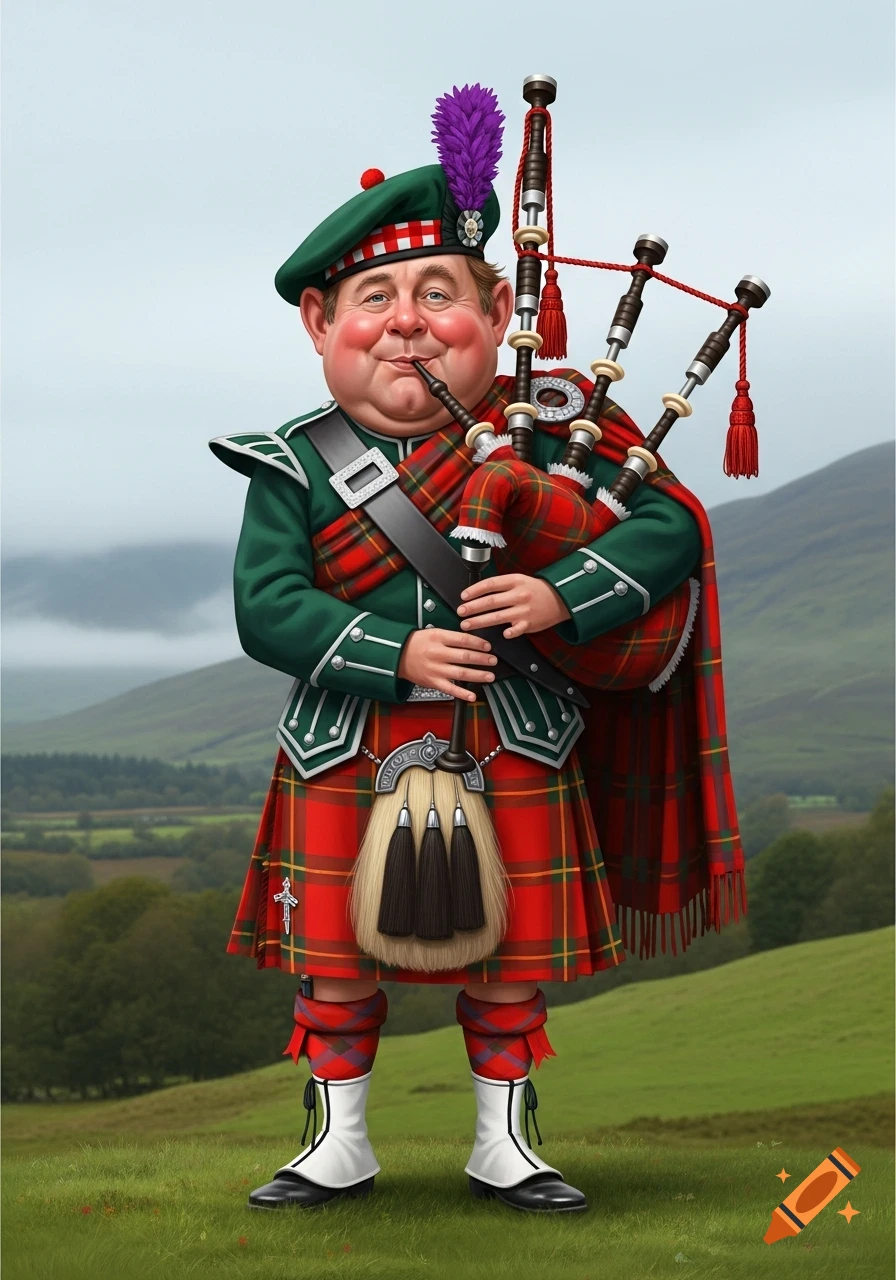 A caricature of a cheerful, plump Scottish bagpiper in a red and green kilt, holding bagpipes, standing in a green field with hills in the background.