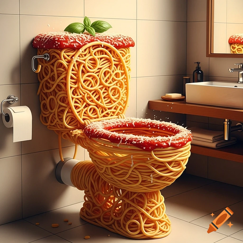 A surreal toilet made of spaghetti with tomato sauce, parmesan cheese, and basil leaves sits in a tiled bathroom.