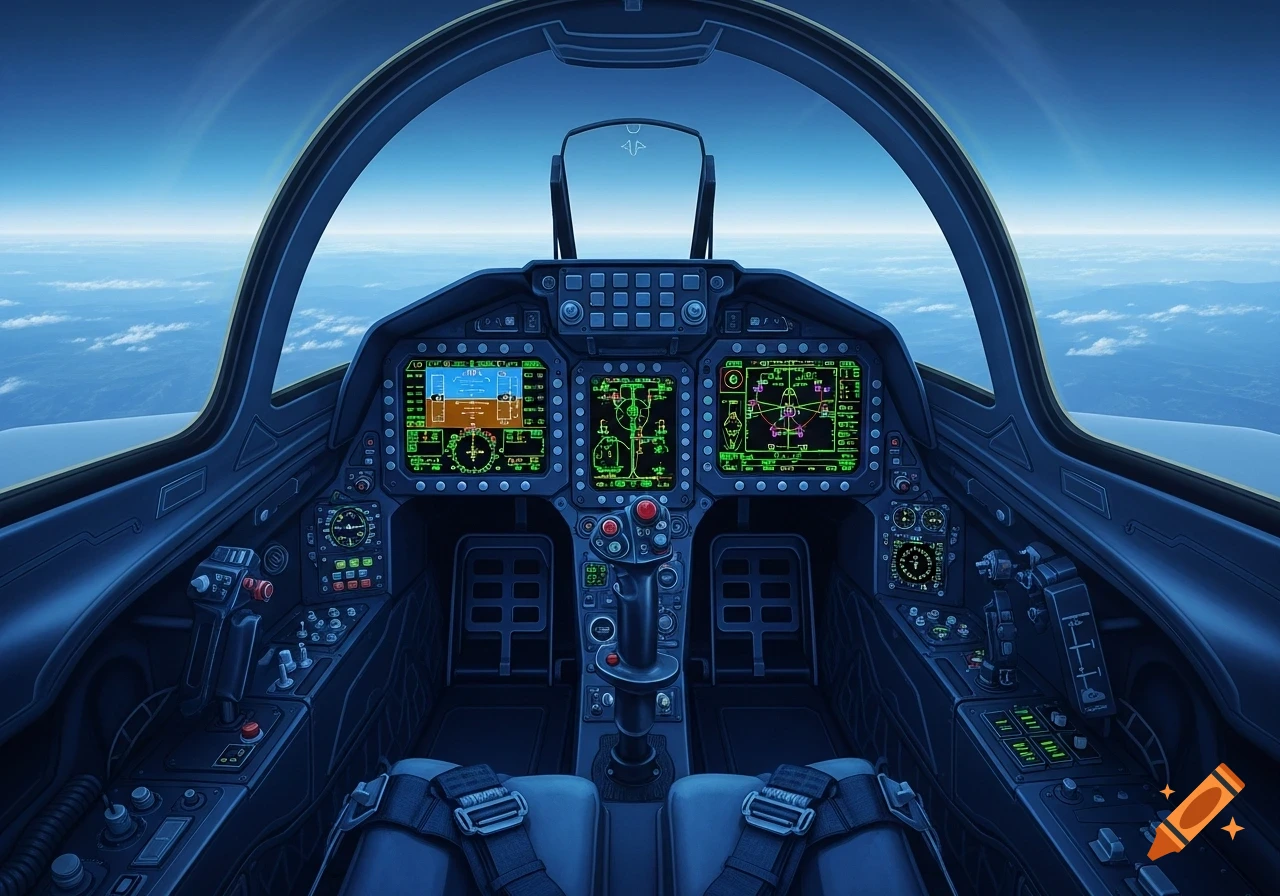 Detailed interior view of a fighter jet cockpit, with numerous screens, buttons, and controls, seen from the pilot's perspective flying above clouds.