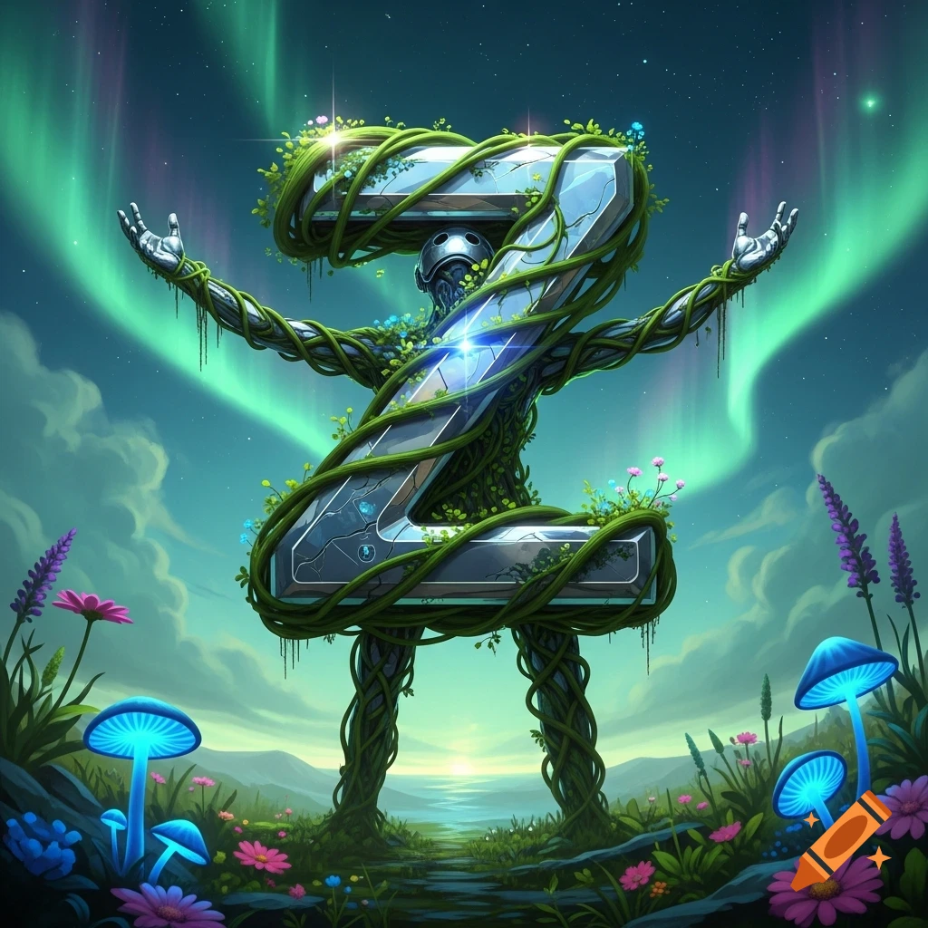 A large, metallic letter Z overgrown with vines and leaves forms a humanoid figure, standing in a lush fantasy landscape with glowing mushrooms and aurora borealis.
