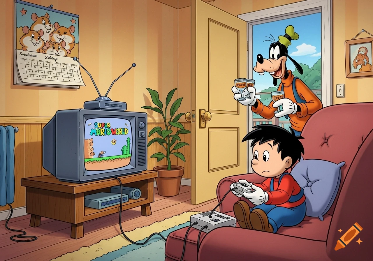 Max, Goofy's son, sits on a couch playing Super Mario World on an old TV, as Goofy enters through a doorway holding two small glasses in a cartoon style.