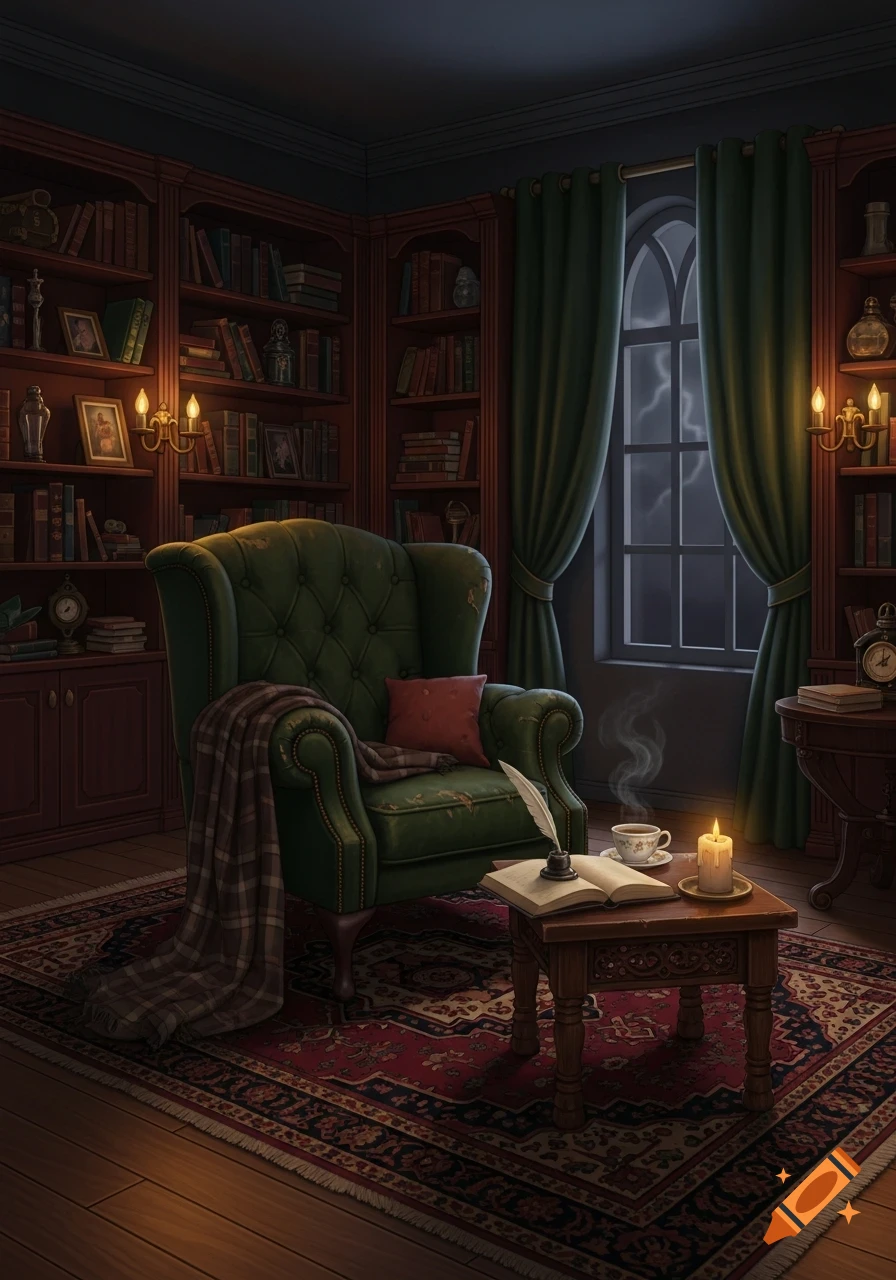 A dark academia style room with a green armchair, bookshelves, a stormy window, and a table with a quill, open book, and lit candle.