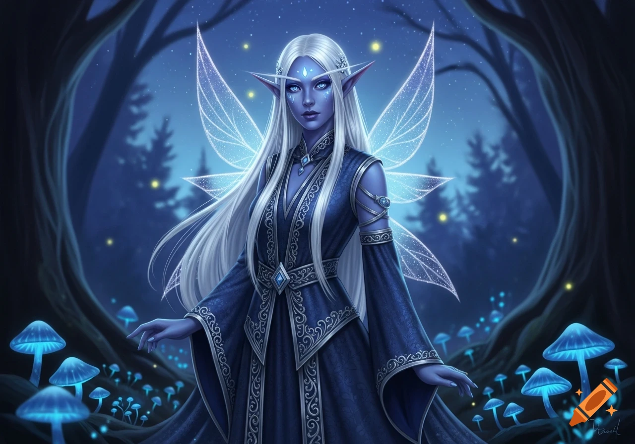 Blue-skinned elf with white hair and glowing fairy wings in a dark mystical forest with glowing mushrooms, fantasy art.