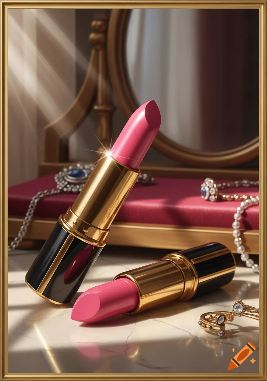 Two pink lipsticks, one standing and one lying, on a marble counter with a gold mirror and jewelry, bathed in sunlight.