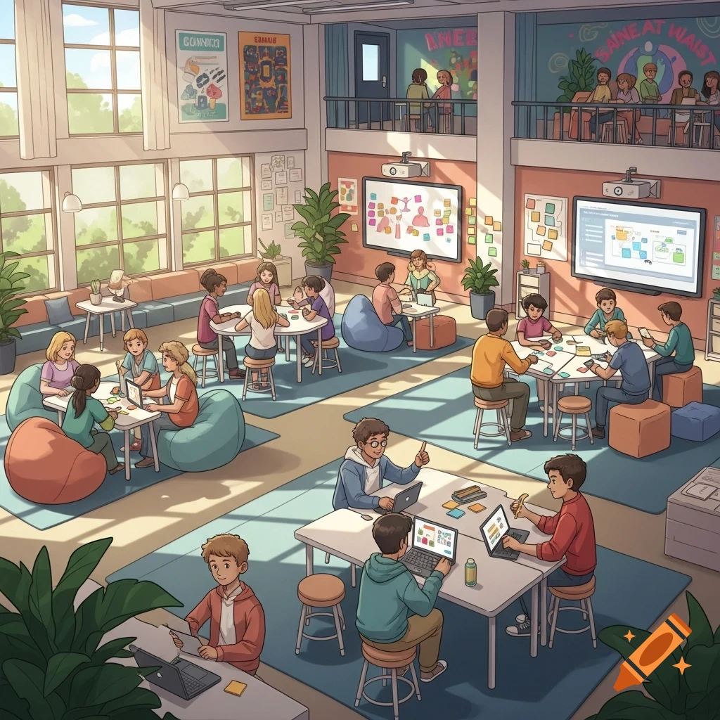 An animated classroom filled with diverse students collaborating at tables and beanbags, working on laptops and whiteboards.