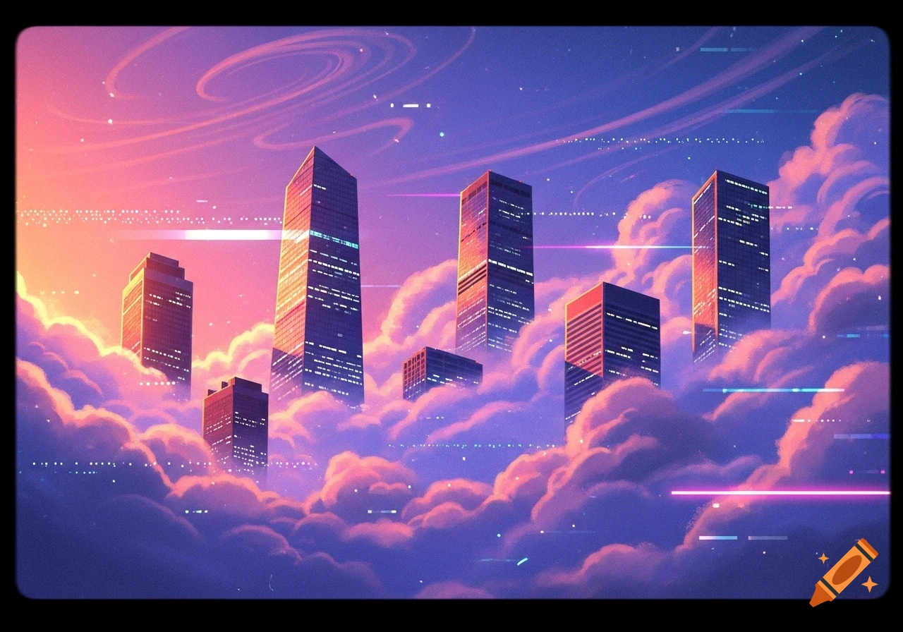 Skyscrapers emerge from thick, pink and purple clouds under a vibrant sunset sky, with a retro digital aesthetic.