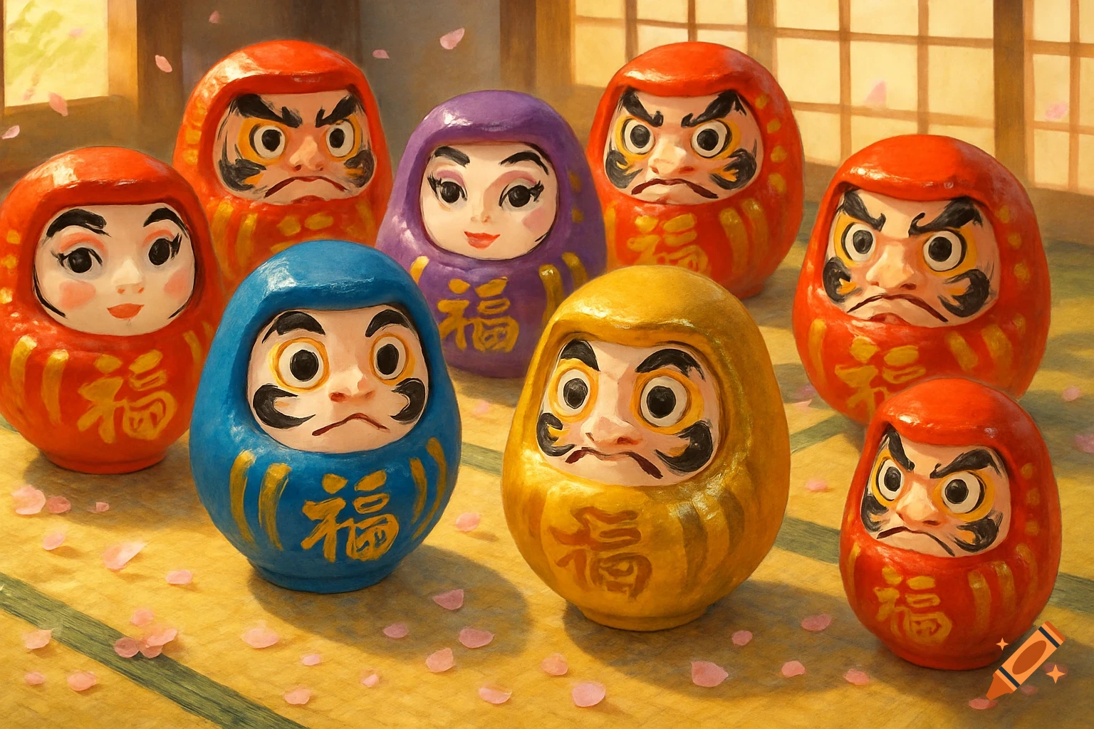 A group of colorful Daruma dolls, red, purple, blue, and gold, stand on a tatami mat with pink cherry blossom petals.