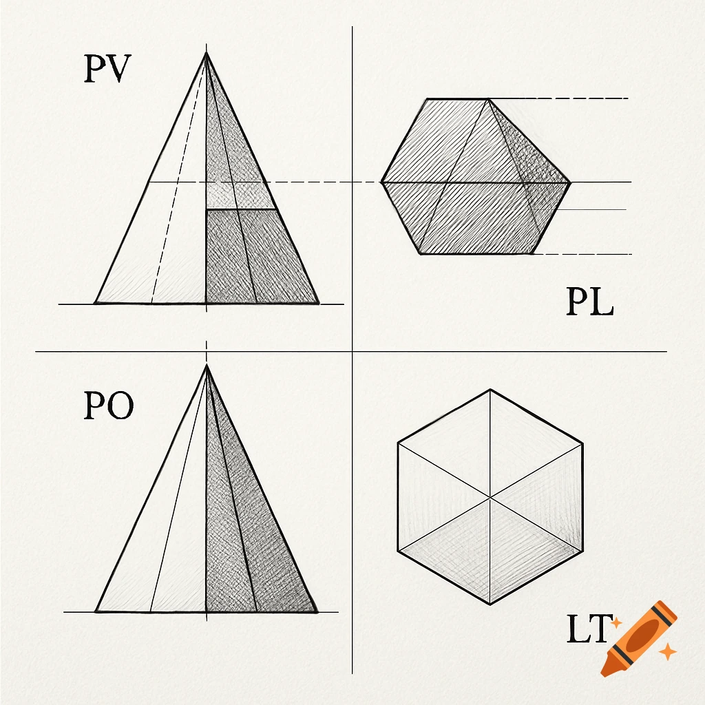Orthographic projection diagram of a hexagonal pyramid with sections, labeled PV, PL, PO, LT, in a hand-drawn sketch style.