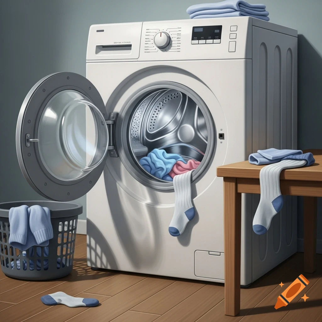 An open washing machine with clothes inside, a laundry basket, socks on the floor and table in a stylized domestic scene.