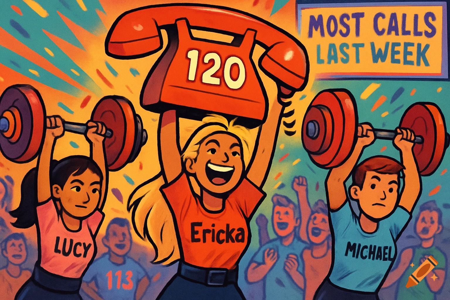 Vibrant cartoon illustration of three weightlifters holding oversized telephone-shaped weights, cheered by an audience.