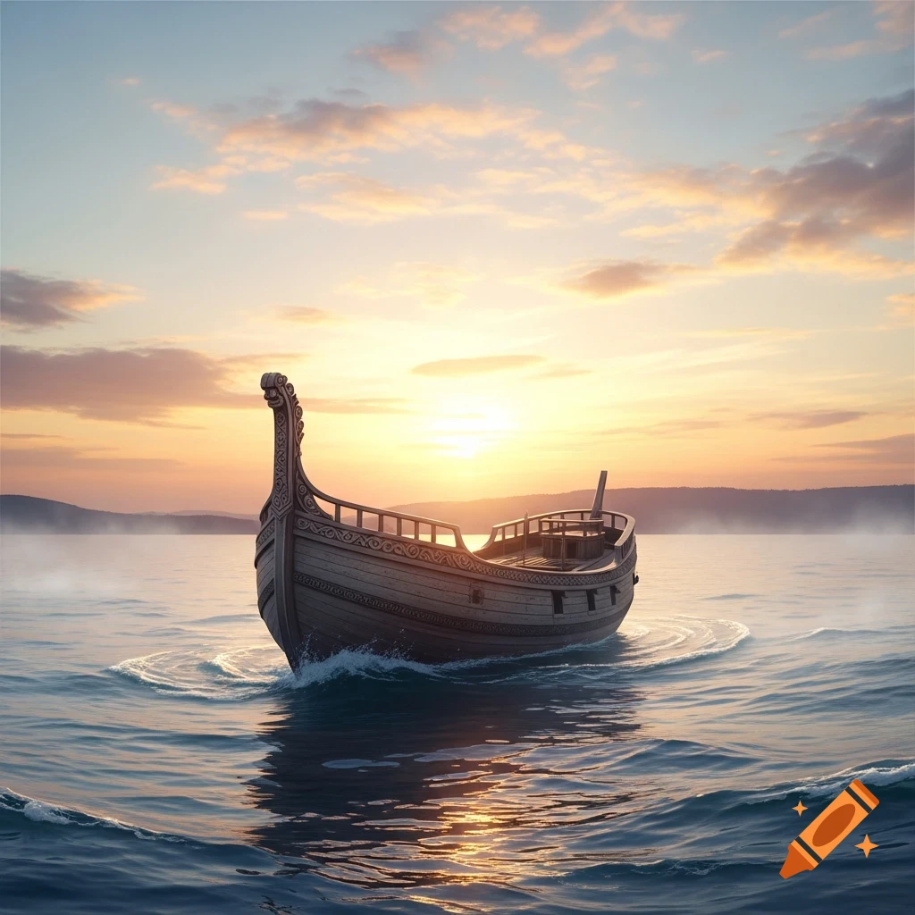 A decorative wooden boat floats on calm water at sunrise, with misty mountains in the background.