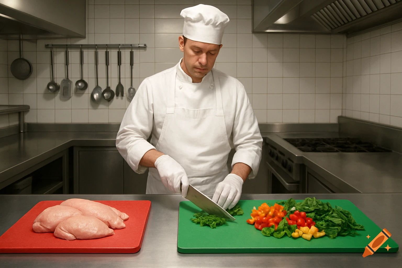 A chef in a white uniform and gloves chops vegetables, with raw chicken on a red board, in a professional kitchen.