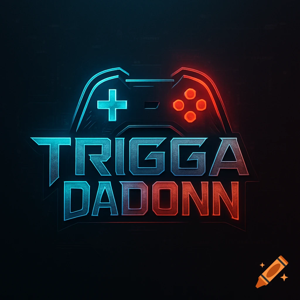 Neon blue and red gaming logo featuring a stylized controller and the text 'TRIGGA DADONN'.