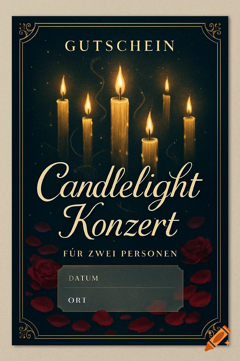 A dark gift voucher for a "Candlelight Konzert" featuring five lit candles, a gold ornate border, and scattered red rose petals.