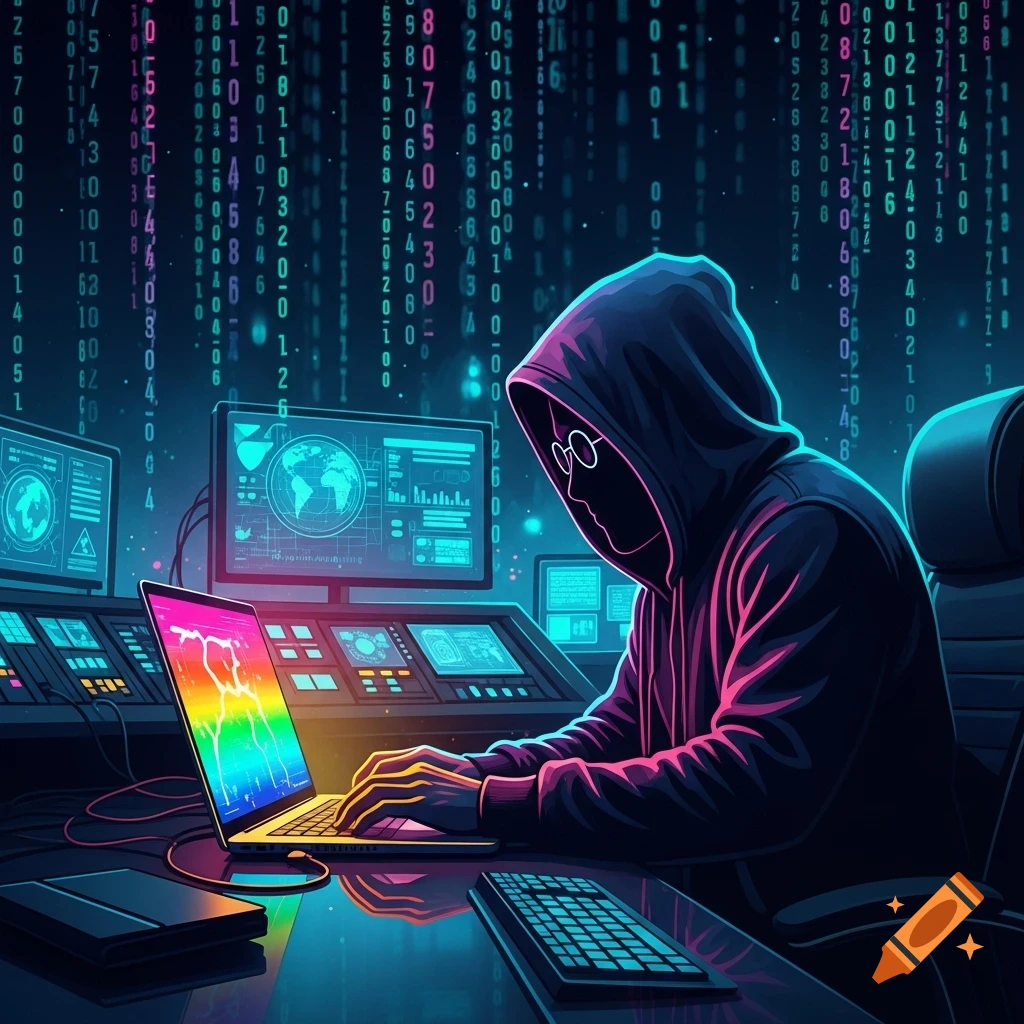An anonymous hacker in a dark hoodie typing on a laptop in a neon-lit cyber security command center with falling digital code.