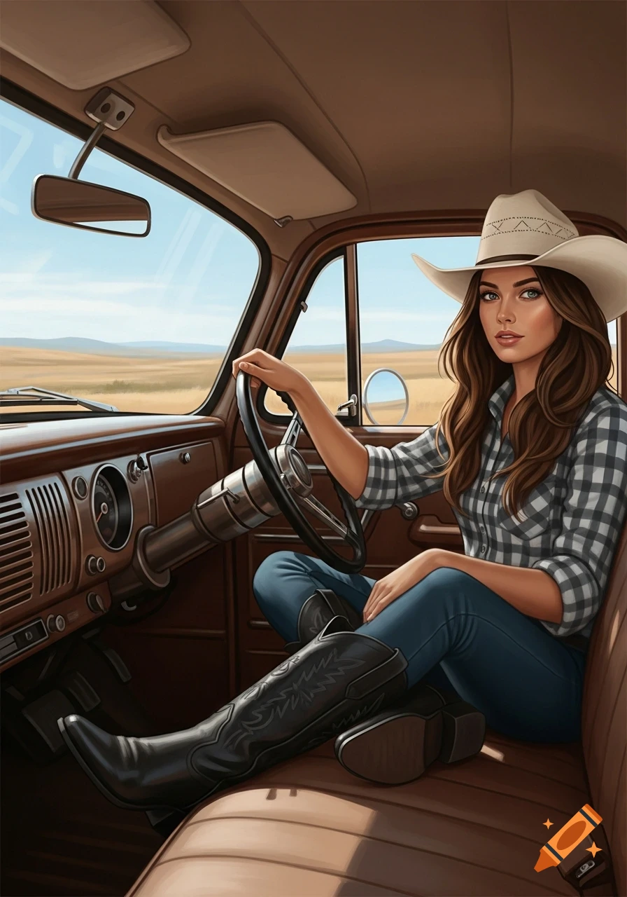 Brunette cowgirl in a white cowboy hat, plaid shirt, jeans, and black boots sits in an old pickup truck. Golden fields visible outside.
