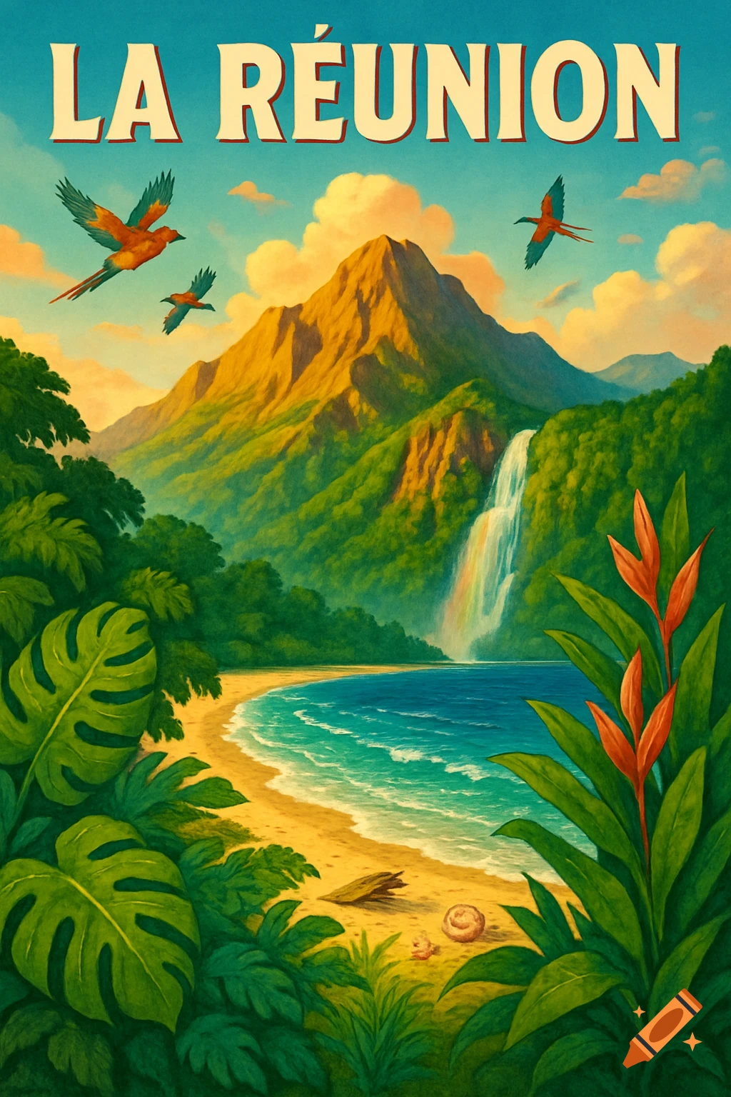 Vintage-style travel poster for La R R union island, featuring a lush tropical landscape with a mountain, waterfall, sandy beach, and parrots flying.