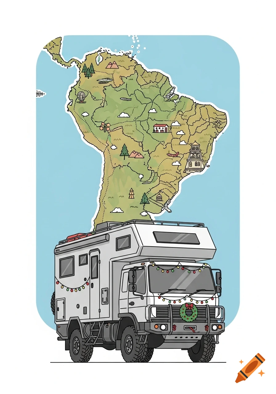 Minimalist illustration of a Christmas-decorated overland expedition vehicle below a stylized map of South America.