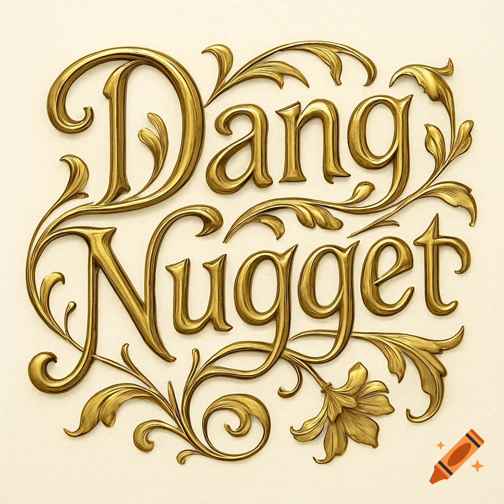 Ornate, gilded 3D text spelling 'Dang Nugget' in an Art Nouveau style, with swirling floral embellishments on a light background.