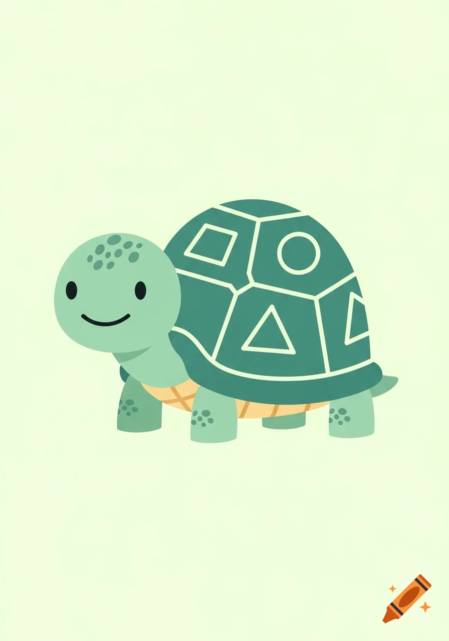A cute, smiling cartoon turtle with a light green body and a dark green shell patterned with white geometric shapes, on a pale green background in a flat illustration style.
