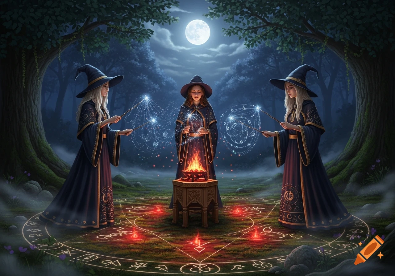 Three witches perform a ritual under a full moon in a dark, mystical forest, with glowing runic symbols on the ground and magical energy around them.